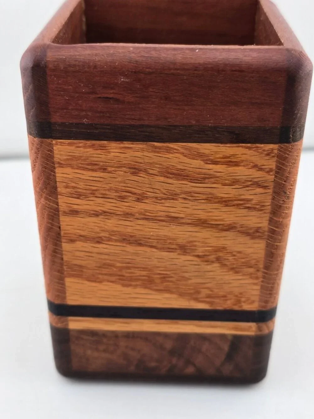 Vintage MCM Wooden Pencil Holder – Multi-Tone Mahogany & Oak – 4.5